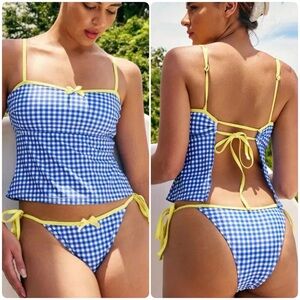 Blue Gingham Yellow Trim Tie Side Tankini Bikini Set